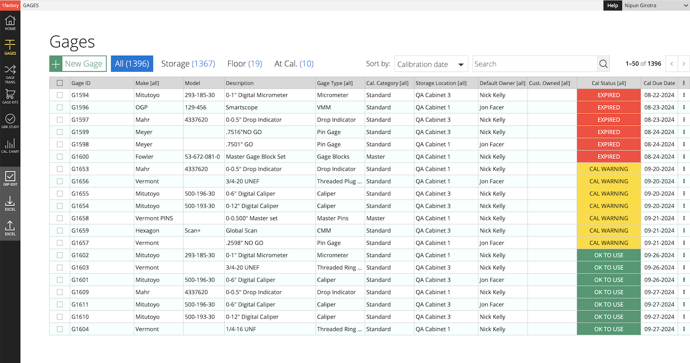 1factory List of Gages Page