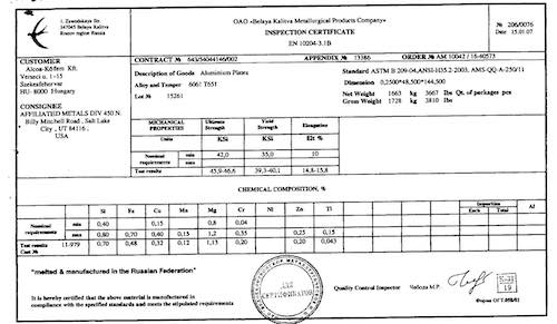 sample first article mill lot report